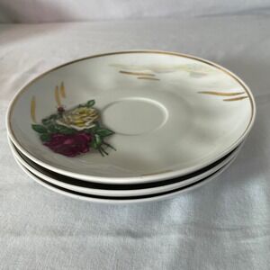 Vintage USSR‎ Porcelain Saucers Floral Rose Gold Accent Set of 3
